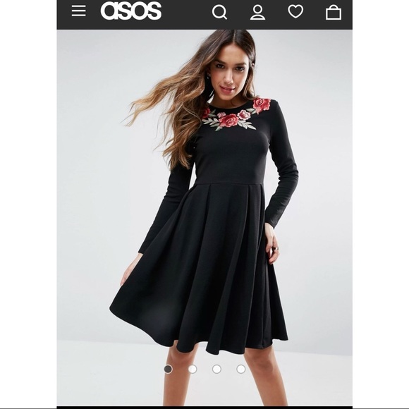 CLUB L BY ASOS BLACK LONG SLEVE ROSE EMBROIDERED SKATER DRESS US SIZE 14 - Picture 7 of 8